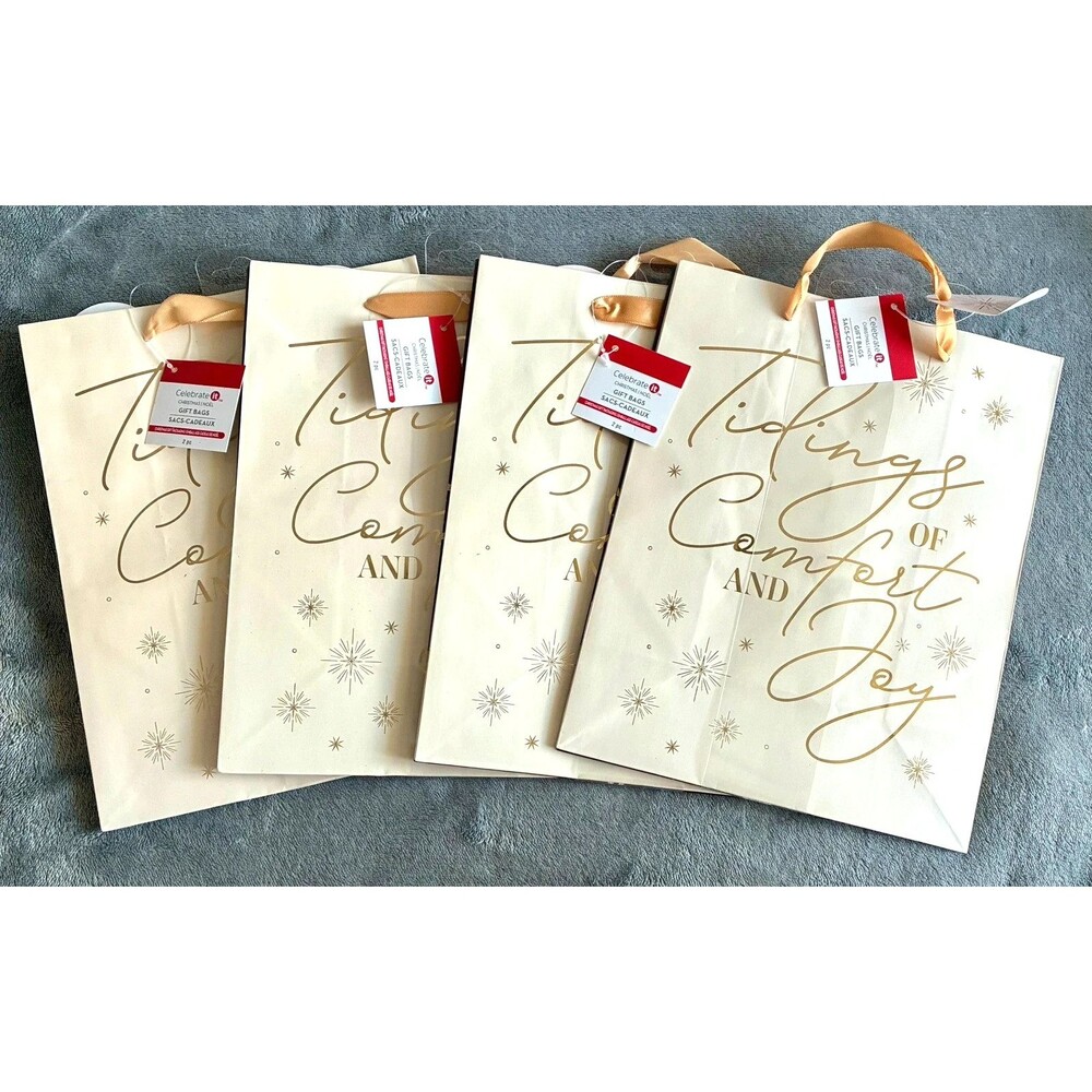 Set of 8 Christmas Gift Bags Gold White Holiday Present Bags 9.5”
